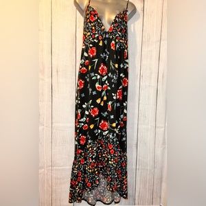 Derek Heart black based summer dress with red yellow and blue flowers.size L